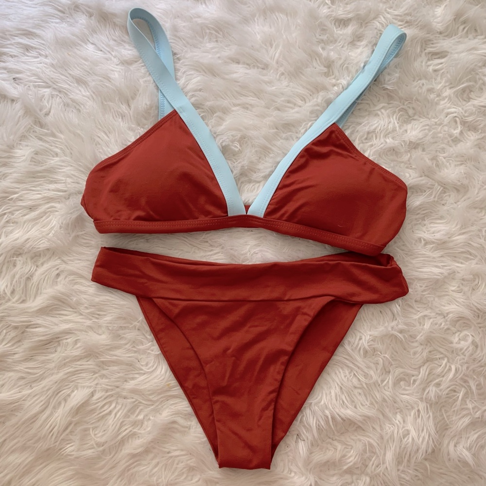 Burnt orange rust and light blue Brazilian bikini set
